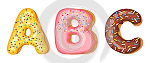 Donut icing upper latters - A, B, C. Font of donuts. Bakery sweet alphabet. Donut alphabet latters A b C isolated on