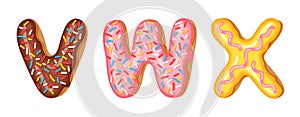 Donut icing upper latters - V, W, X. Font of donuts. Bakery sweet alphabet. Donut alphabet latters A b C isolated on