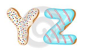 Donut icing upper latters - Y, Z Font of donuts. Bakery sweet alphabet. Donut alphabet latters A b C isolated on white