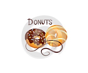 Donut icon set. Sweet pastry banner. Doughnut with white, pink and chocolate glaze and sprinkles. Bakery for party over wight