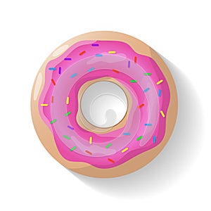 Donut isolated background. Cute pink donut. Colorful and glossy donut with pink glaze and multicolored powder. Realistic vector