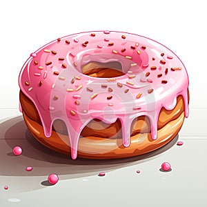 Donut isolated on a white background. Cute, colorful and glossy donuts with pink glaze and multicolored powder
