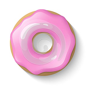 Donut isolated on a white background. Cute, colorful and glossy donuts with pink glaze and powder. Simple modern design. Realistic