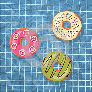 Donut lifebuoys floating in a hand drawn vector swimming pool