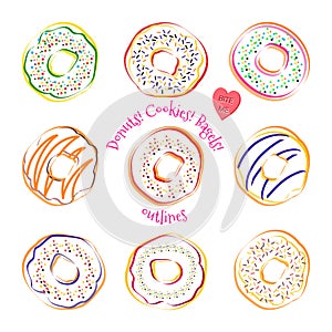 Donut line drawing vector set isolated on white background