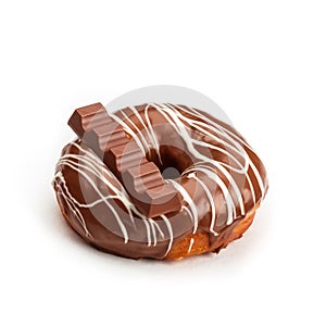 Donut with milk chocolate glaze and chocolate, isolated on white background. Viewing forty-five degrees