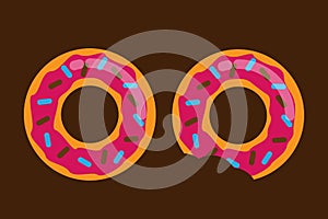 Donut with mouth bite isolated on a brown background.