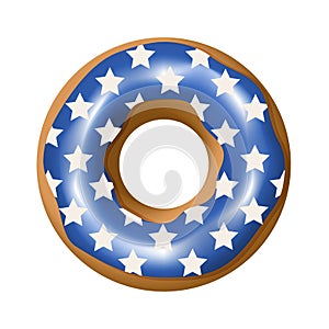Donut with a pattern of the American flag star on a blue background in honor of July 4th Independence Day. Volumetric 3D donut