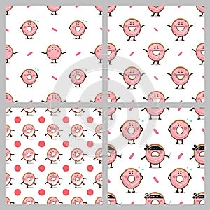 Donut patterns for baby clothes. Vector illustration. Set of Doughnut seamless patterns.