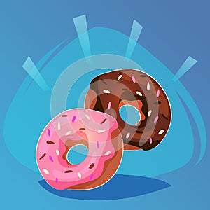 Donut with pink and chocolate glaze sweet food game icon, cartoon food or web site design, mobile app Vector illustration