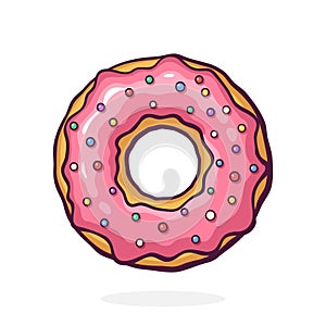 Donut with Pink Glaze and Colored Powder. Dessert Street Food. Vector Illustration. Hand Drawn Cartoon Clip Art With Outline.
