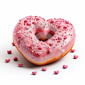 Donut with pink glaze and hearts isolated on white background