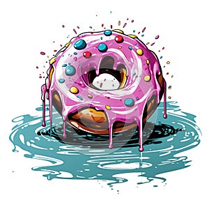Donut with pink glaze and sprinkles colour splash colour drip graffiti style.