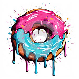 Donut with pink glaze and sprinkles colour splash,colour drip, graffiti style.