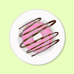 Donut with pink glaze and sprinkles, not healthy diet meal on plate. Vector illustration. Simple flat stock image. Sweets and