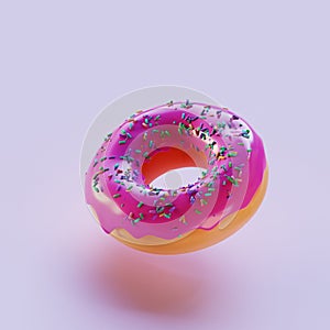 Donut with pink icing and colored sprinkles.