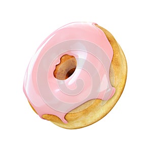 Donut with pink icing isolated on a white background. 3D rendering