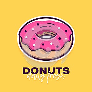 Donut with pink icing and text. Vector logo design