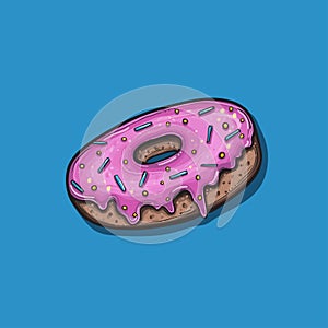 Donut with pink icing. Vector illustration.