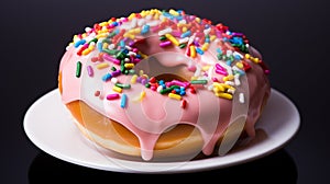 Donut with rainbow color frosting sprinkles. AI Generated.