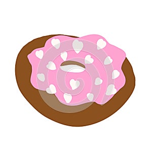 Donut ring in cartoon flat style. White hearths on a pink cream with chocolate base. Sweet bakery