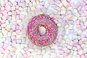 Donut in a round marshmallow frame on a white background. top view photo