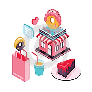 Donut shop Cake dessert Delicious food isometric infographic element set