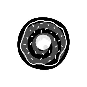 Donut silhouette icon. Black hand drawn illustration of dessert with icing and sprinkles. Contour isolated vector pictogram on