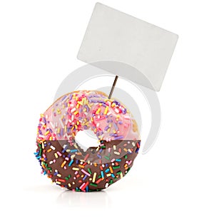 Donut with sprinkles and tag isolated