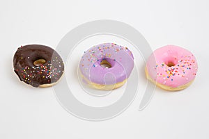Donut. Sweet icing sugar food. Dessert colorful snack. Glazed sprinkles. Treat from delicious pastry breakfast. Bakery cake.
