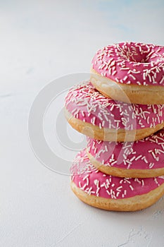 Donut. Sweet icing sugar food. Dessert colorful snack. Glazed sprinkles. Treat from delicious pastry breakfast. Bakery cake. Dough