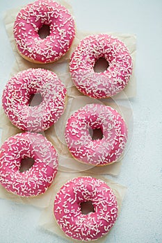 Donut. Sweet icing sugar food. Dessert colorful snack. Glazed sprinkles. Treat from delicious pastry breakfast. Bakery cake. Dough