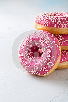 Donut. Sweet icing sugar food. Dessert colorful snack. Glazed sprinkles. Treat from delicious pastry breakfast. Bakery cake. Dough