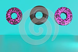 Donut toppings iced candy chocolate Blue background Illustration wallpaper for backdrop. Design product presentation 3D Rendering