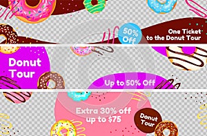 Donut tour horizontal banner collection promo advertising isolated on transparent background vector