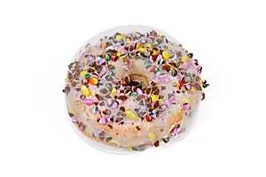 Donut with transparent sugar glazing and colorful chocolate sprinkles on white background