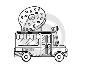 Donut van coloring page for kids. Food truck