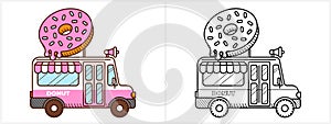 Donut van coloring page for kids. Food truck