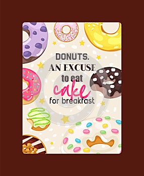 Donut vector doughnut food glazed sweet dessert with sugar chocolate in bakery illustration backdrop set of colorful