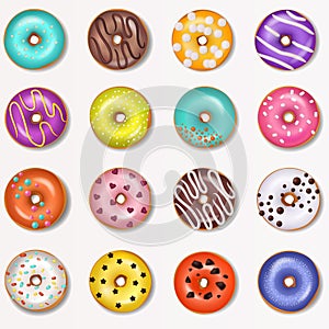 Donut vector doughnut food and glazed sweet dessert with sugar or chocolate in bakery illustration set of colorful