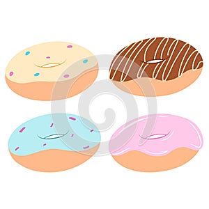 Donut vector set isolated on a white background in flat. Donut collection. Sweet sugar icing donuts.
