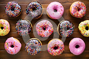 Donuts arranged on a kitchen table, sweet treats in abundance