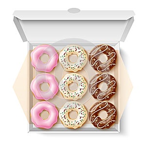 Donuts box. Realistic sweet pastries with different types glazes and sprinkles in cardboard package, caloric fast food