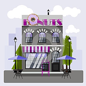 Donuts cafe exterior vector illustration. Flat design of facade. Cafe building concept. Grey and purple two-story