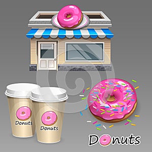 Donuts cafe items set with two cups coffee