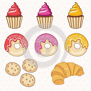 donuts,cakes,croissant.Vector.