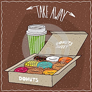 Donuts in carton box and paper cup of coffee