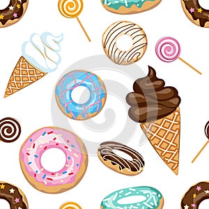 Donuts, chocolate and vanilla ice cream in waffle cone and lollipop. Seamless pattern. Background of sweet. Cartoon style