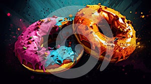 Donuts with colorful glaze on black background