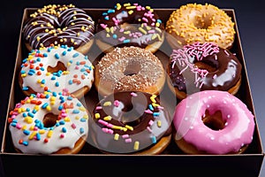 Donuts with colorful glaze in a box on a dark background. Generative AI